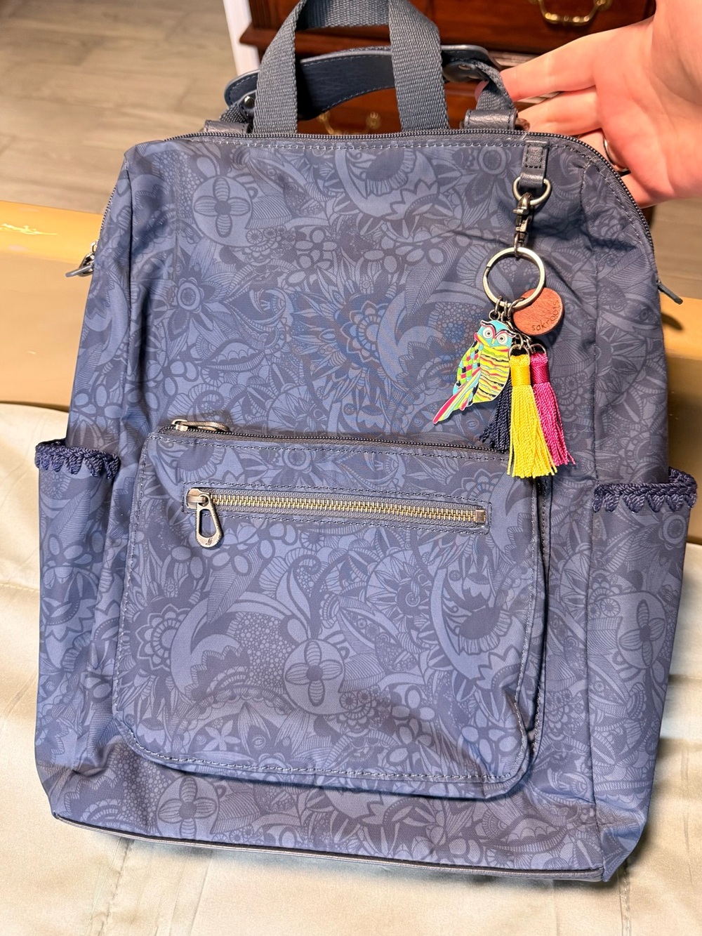 Sakroots Blue Floral-Print Loyola Backpack with Tassel Charm